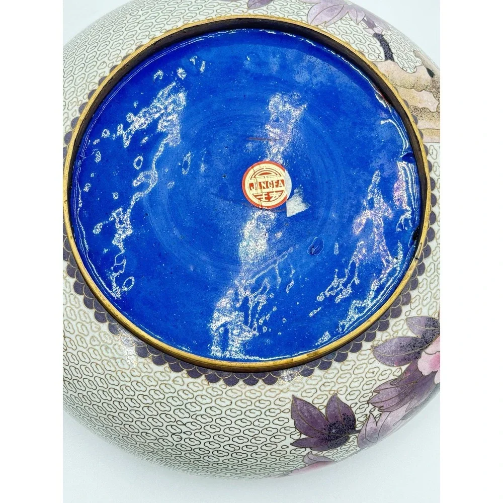 Vintage Jingfa Chinese Porcelain Bowl Brass Rim Hand Painted Floral Bird 10